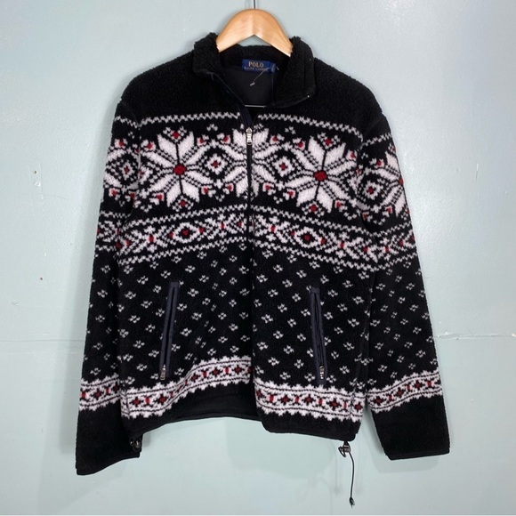 Polo Ralph‎ Lauren FairIsle Full Zip Jacket Sherpa Snowflake Black Nordic Sz L - Picture 1 of 6